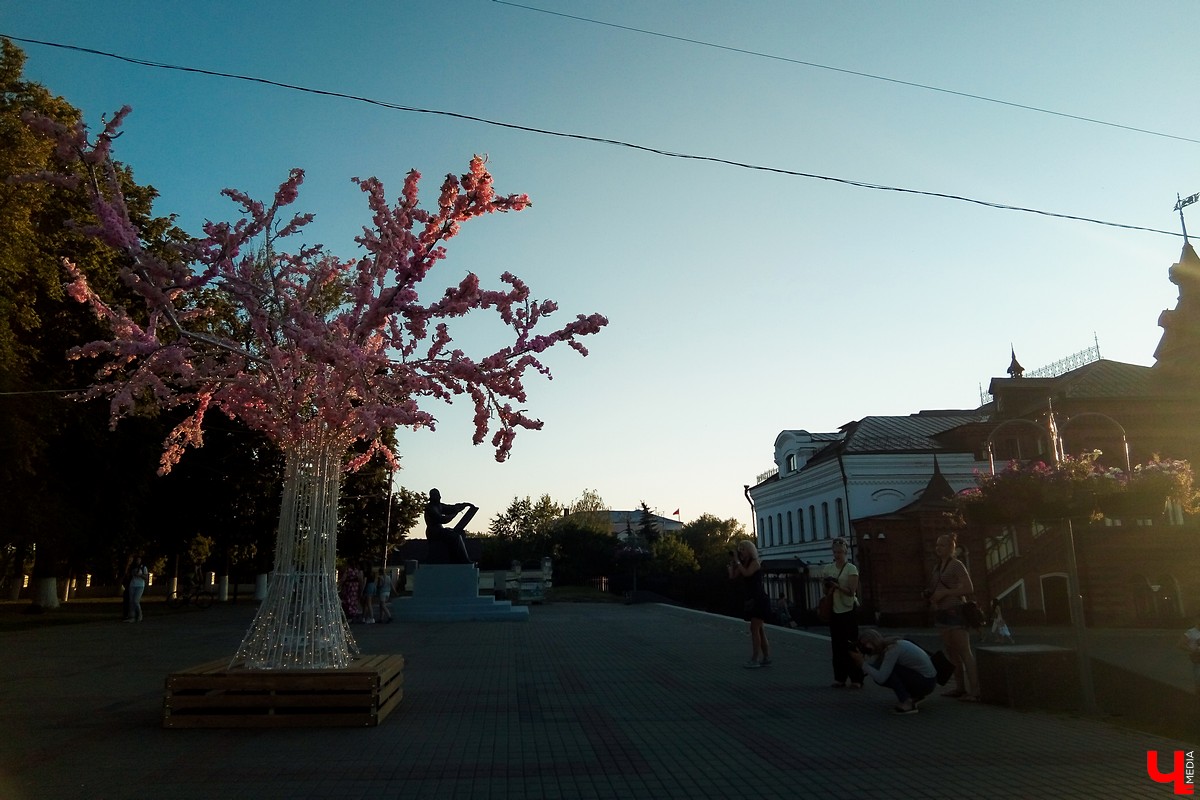 Во Владимире появились новые арт-объекты на Соборной площади. Самый большой из них окрестили владимирской сакурой. Их уберут в течение суток.