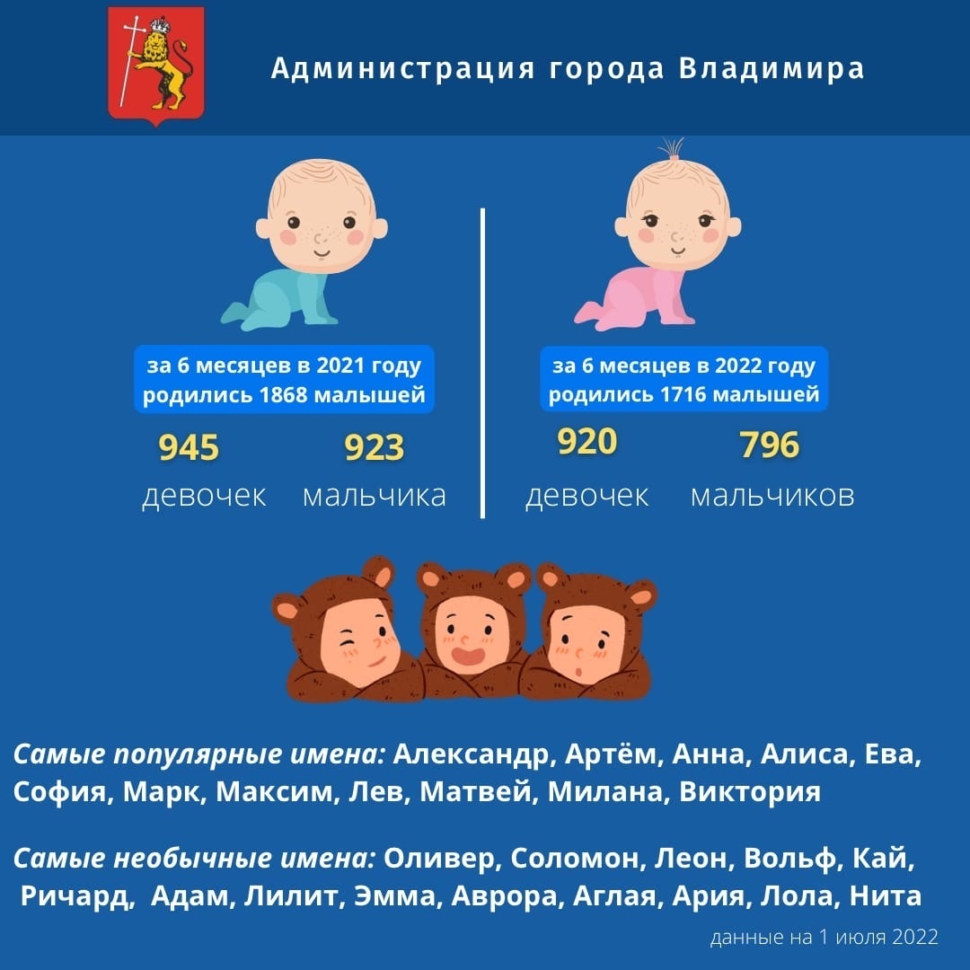 Какие детские имена пользуются спросом в 2022 году у жителей Владимира, а какие – уникальный случай? Давайте разбираться.