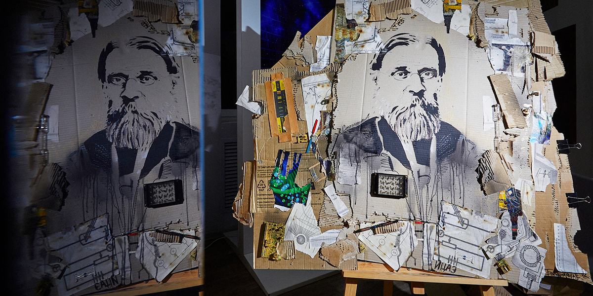 Экоарт во Владимире: Александр Столетов из рваного картона и Фрида Кало на фоне стены из упаковки